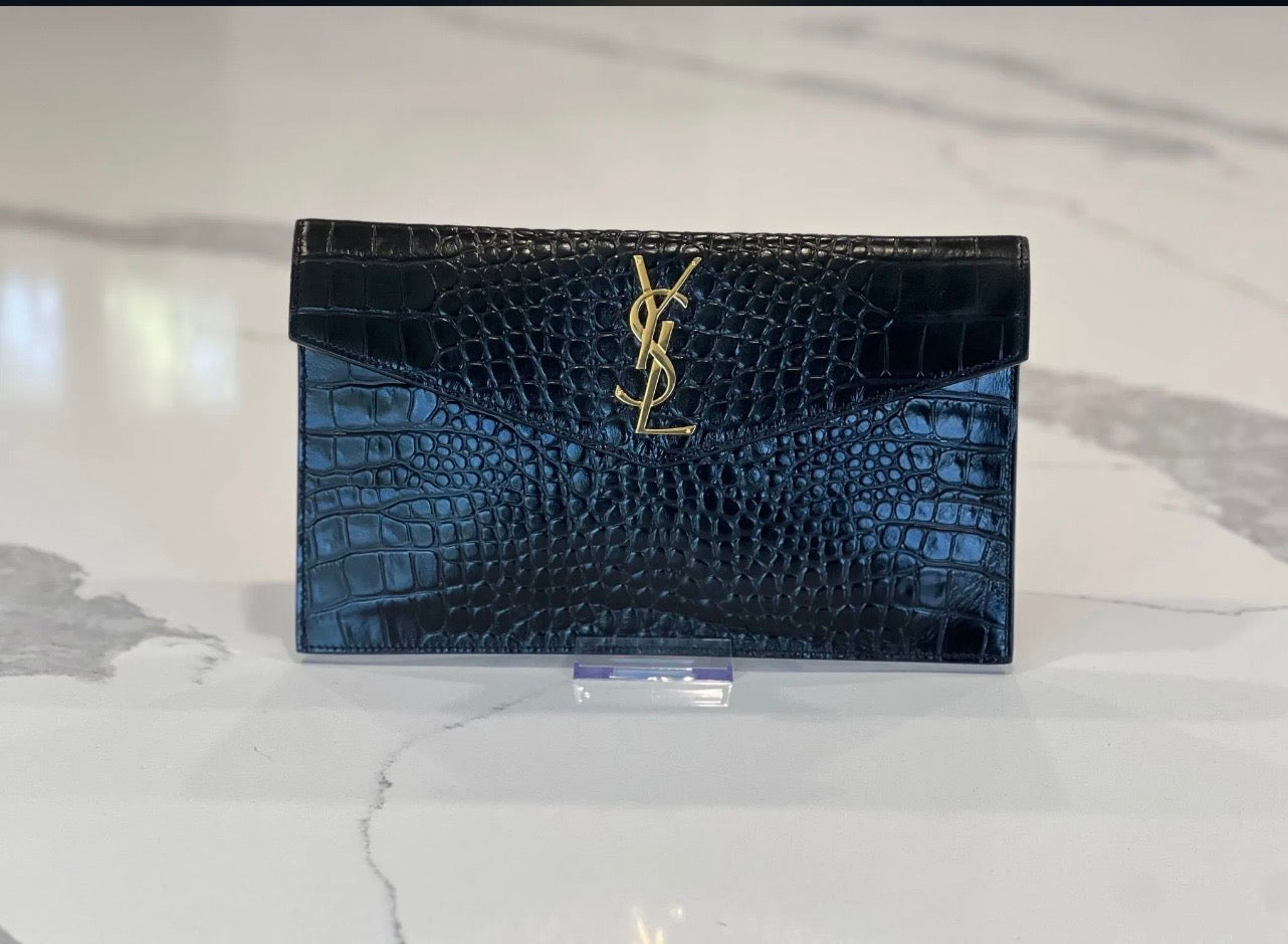 Saint Laurent YSL Croc Embossed Leather Evening Clutch