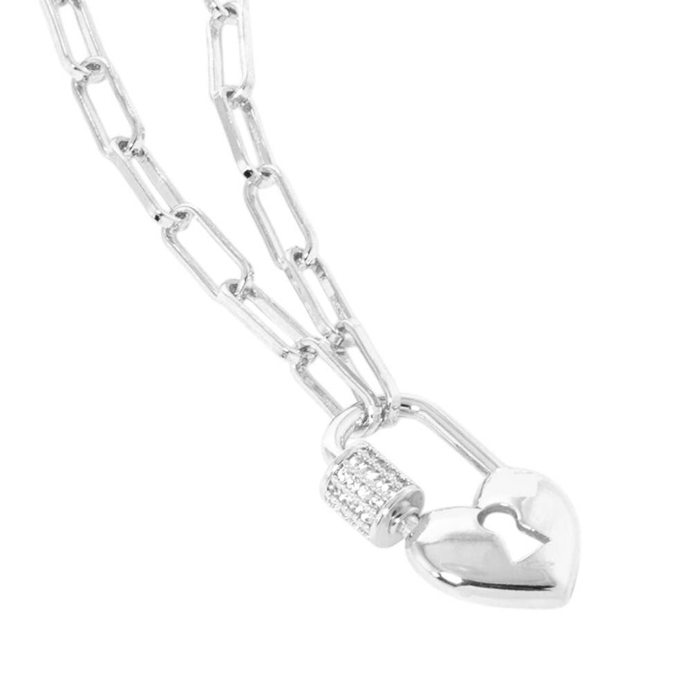 Heart Lock Paperclip Chain Necklace | CZ Paved