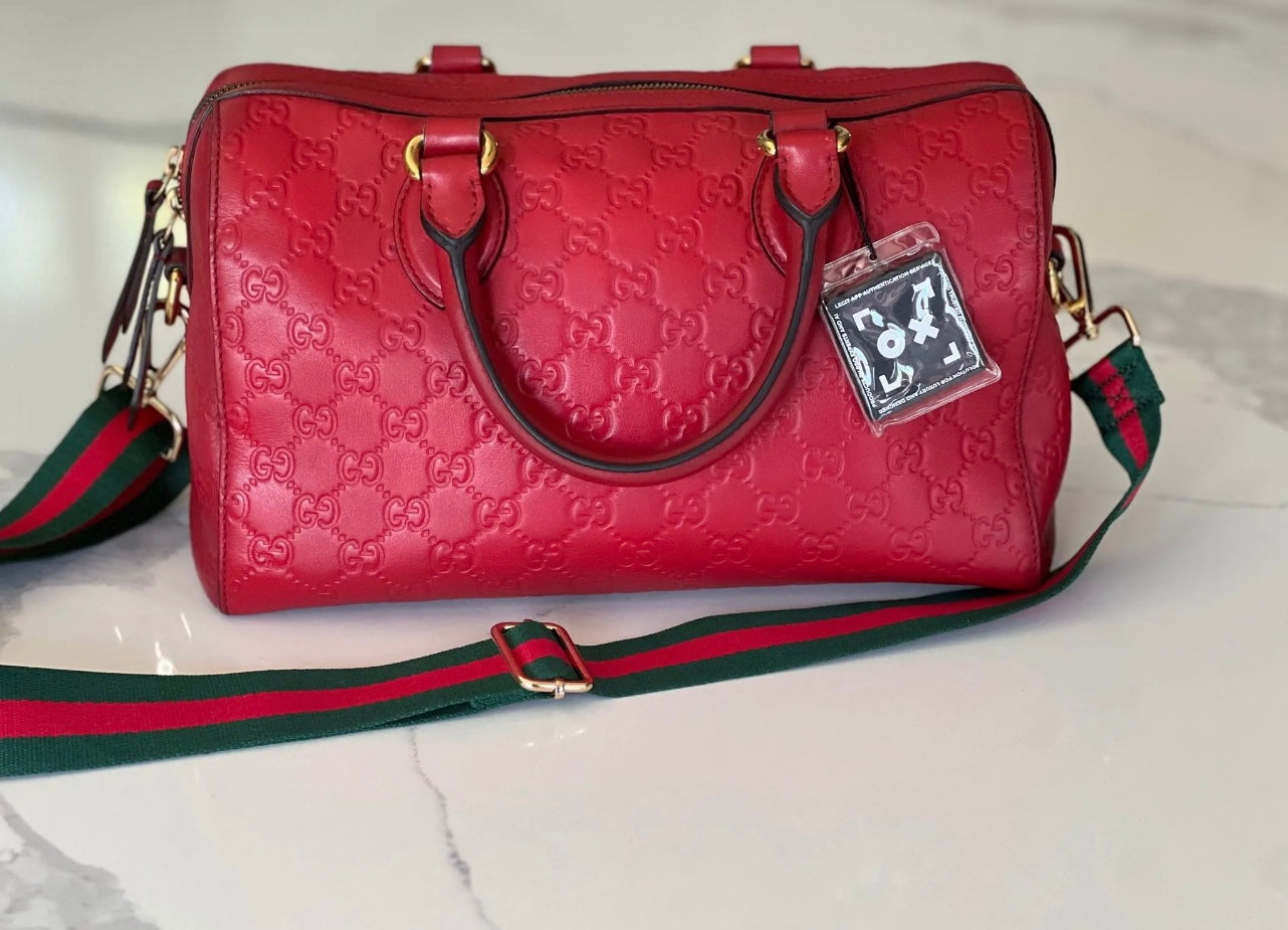Gucci Red Guccissima Leather Boston Bag + Web Strap | COA