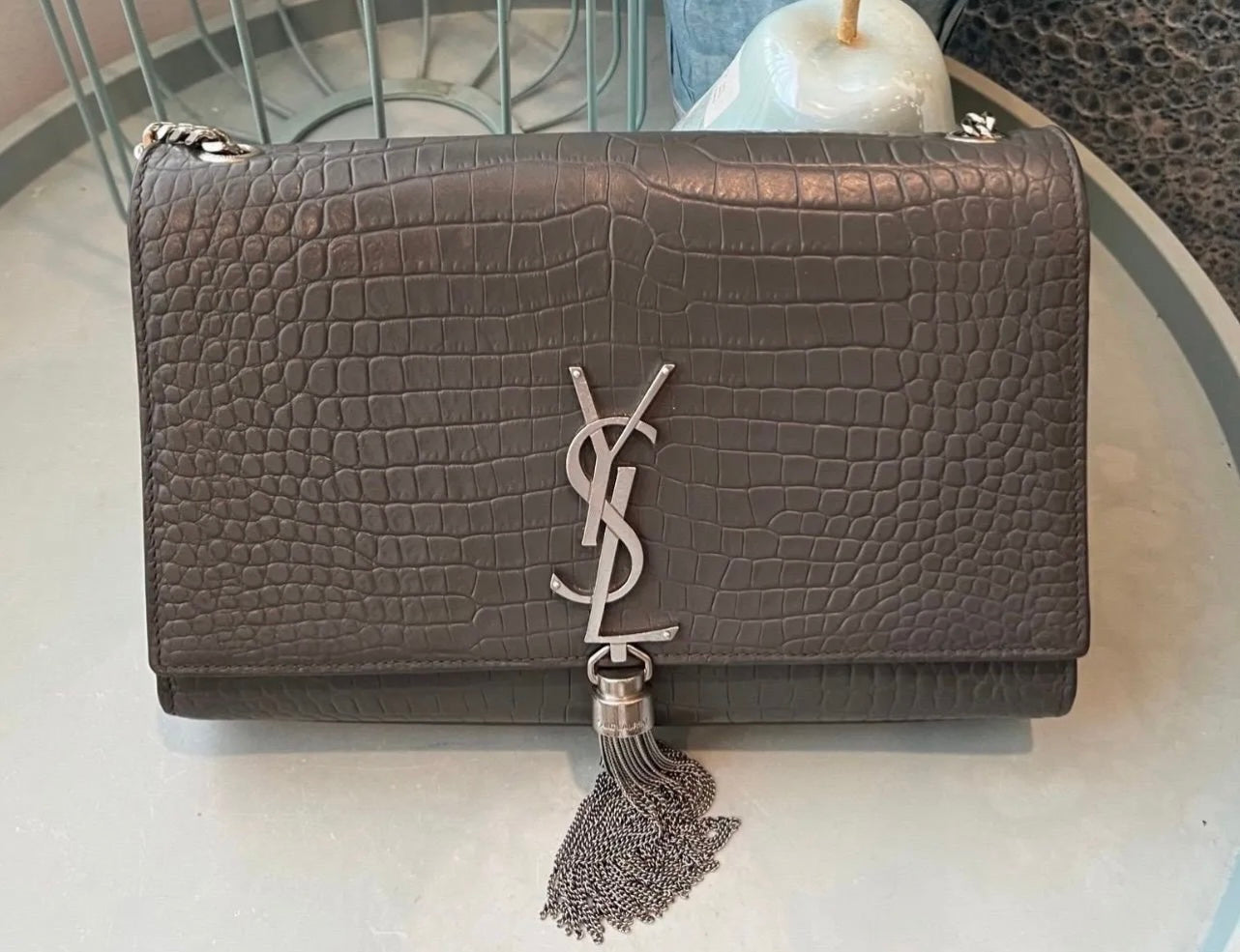 Yves Saint Laurent Kate Tassel Croc Embossed Leather Chain Bag