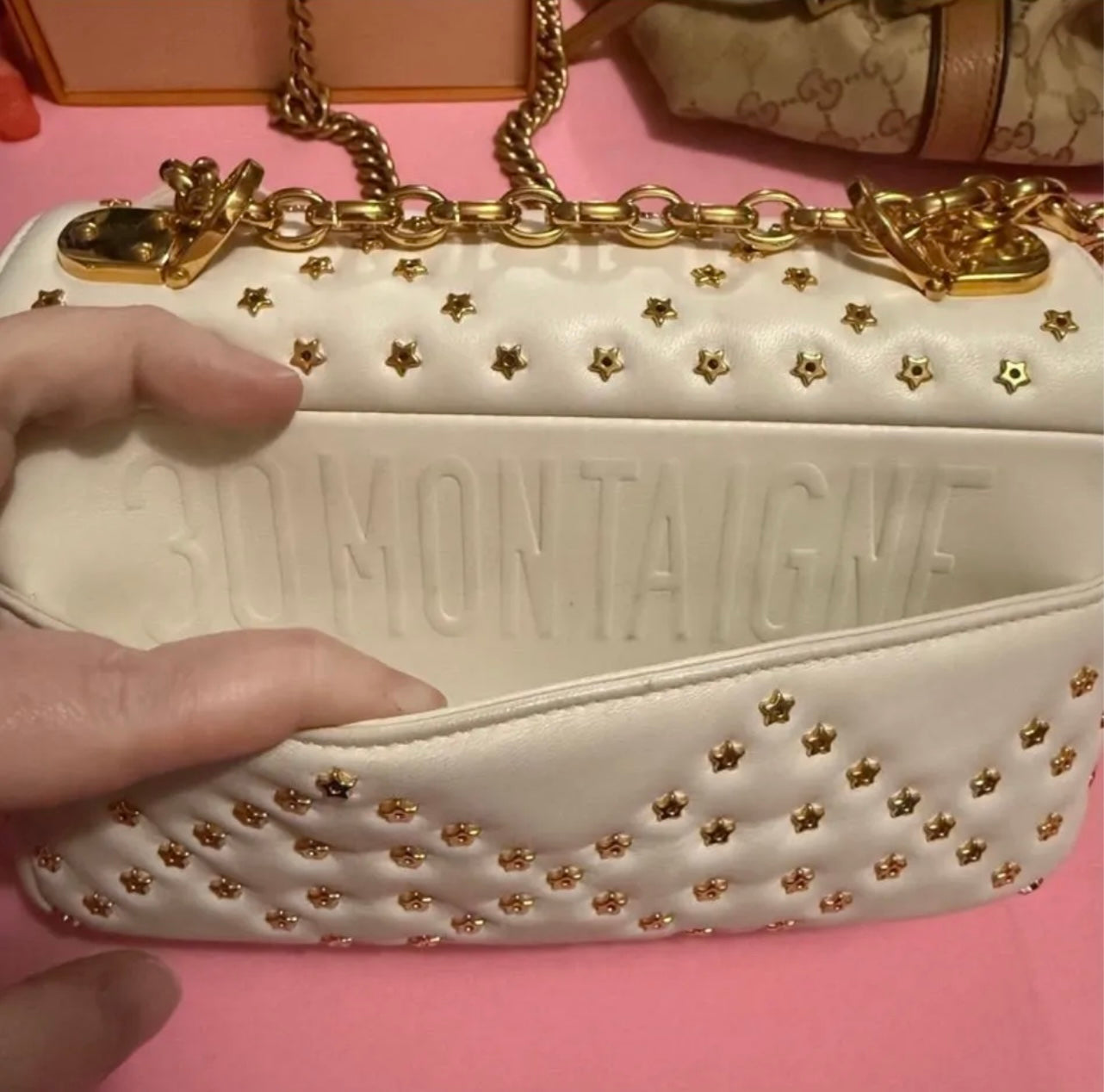 Dior Caro Small Star Stud Calfskin Chain Bag | White