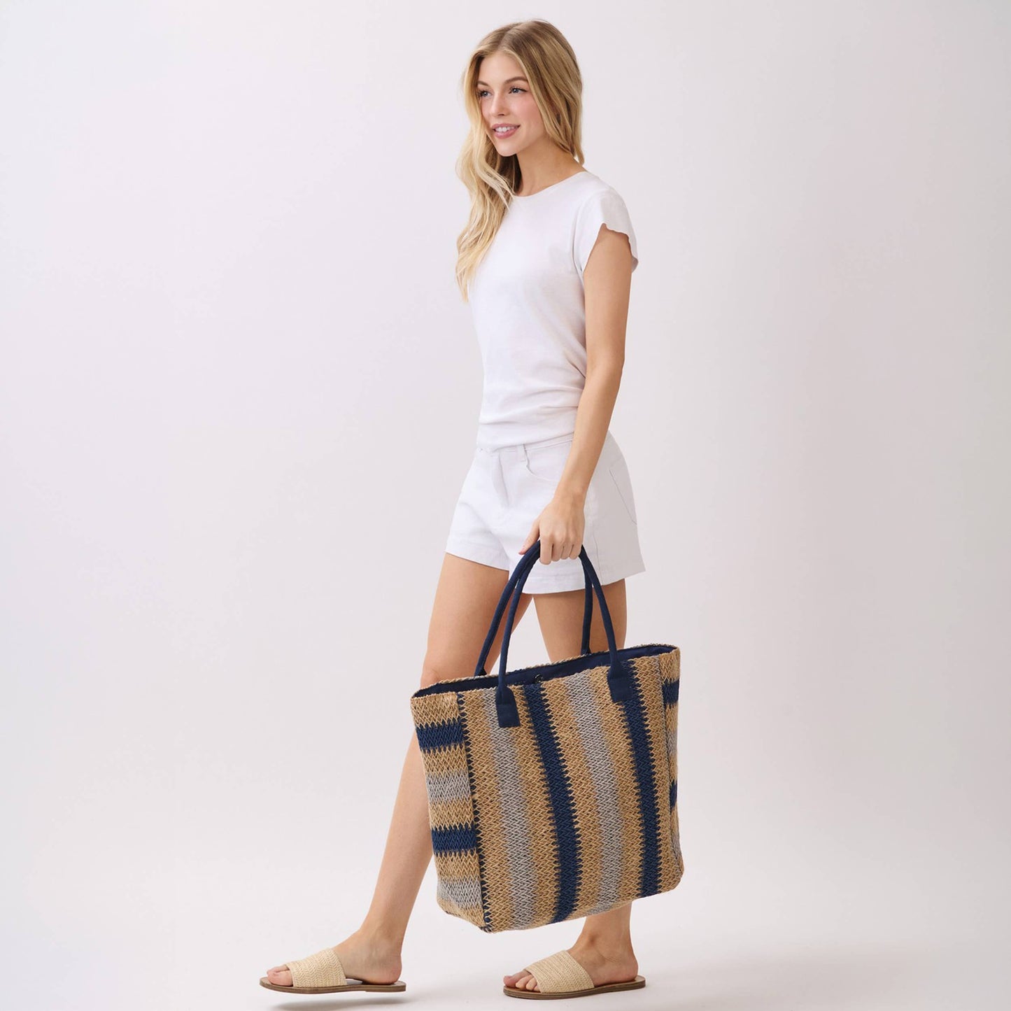 Multi Color Stripe Pattern Natural Brown Straw Tote Bag