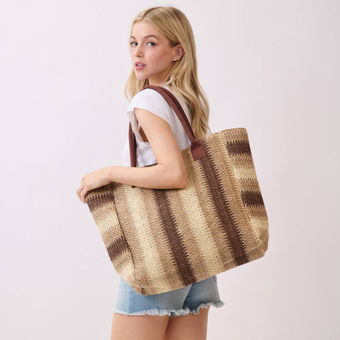 Multi Color Stripe Pattern Natural Brown Straw Tote Bag