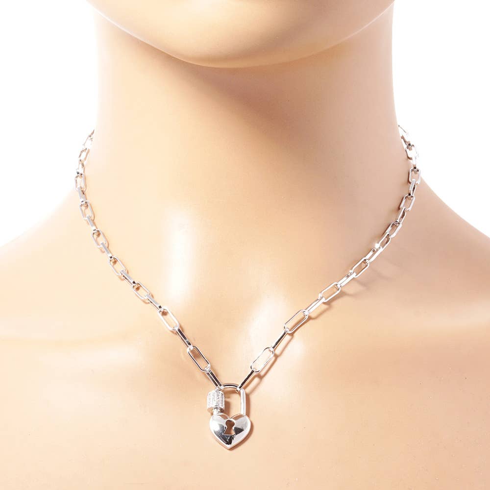 Heart Lock Paperclip Chain Necklace | CZ Paved