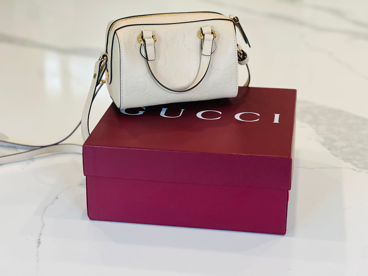 Gucci GG Embossed Mini Boston Top Handle Bag Cream Leather