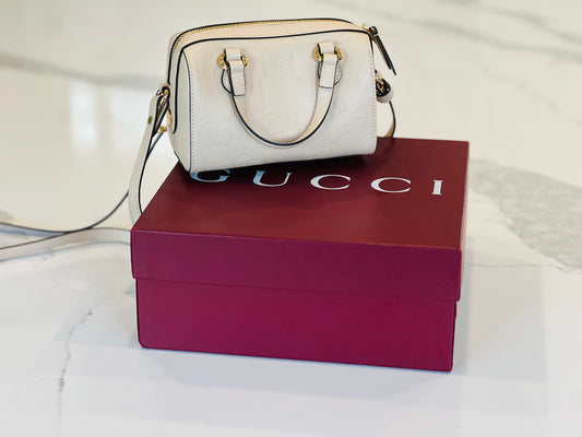Gucci GG Embossed Mini Boston Top Handle Bag Cream Leather