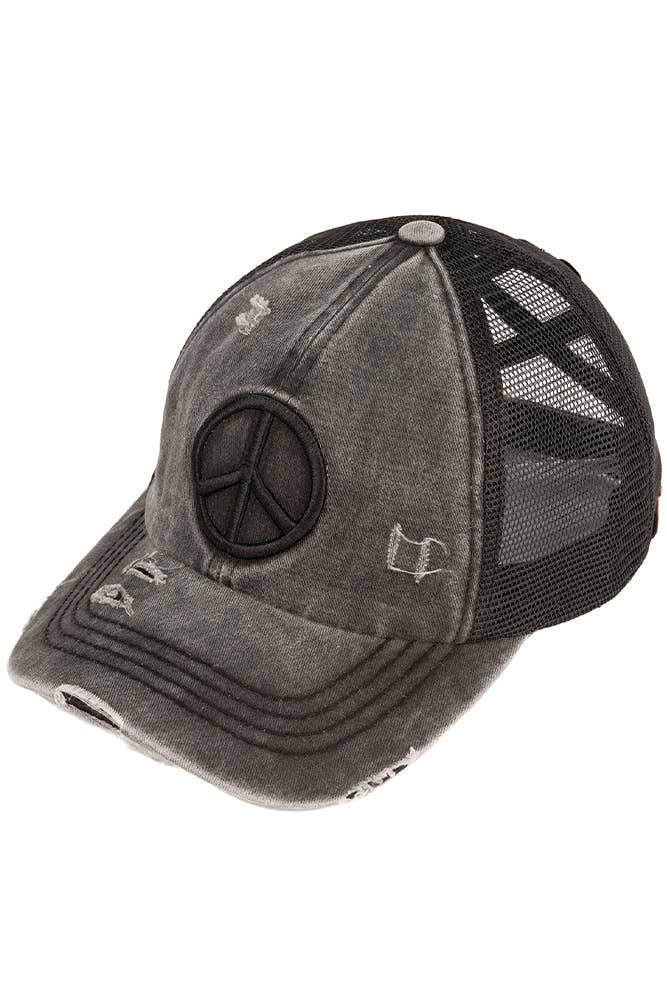 C.C Peace Sign Distressed Criss Cross Pony Cap