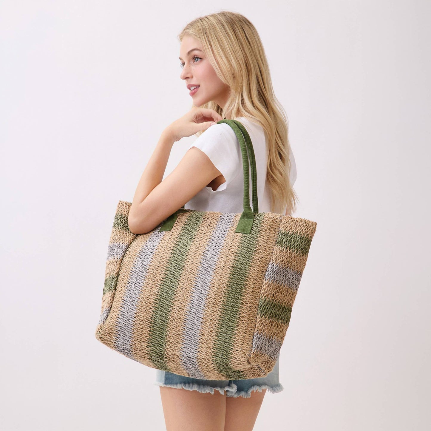 Multi Color Stripe Pattern Natural Brown Straw Tote Bag