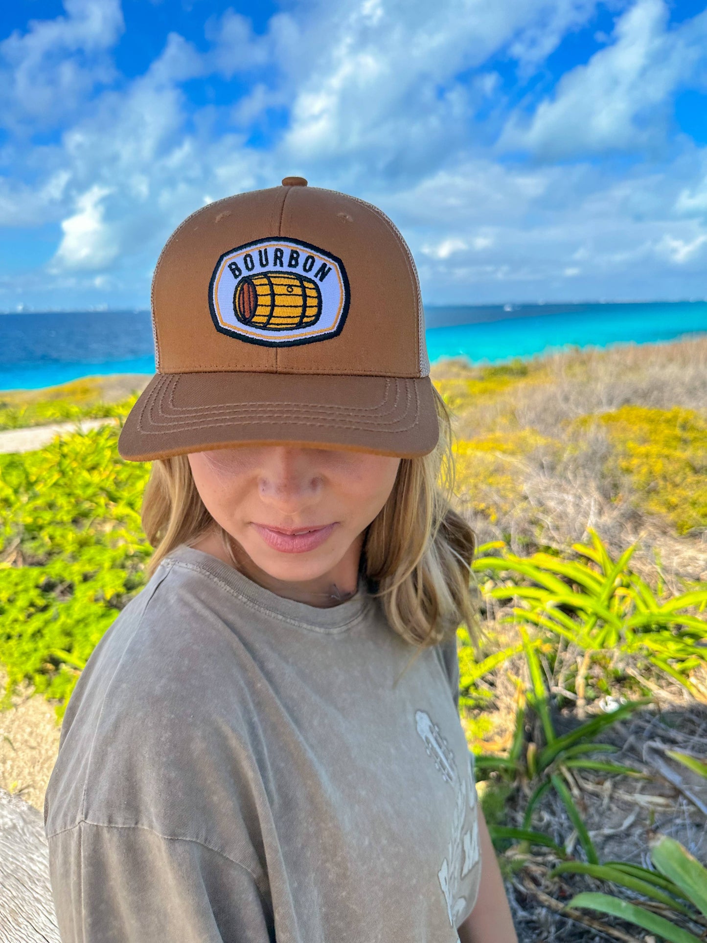 Bourbon Trucker Hat – Whiskey Barrel Mesh Snapback Cap for Bourbon Lovers Unisex