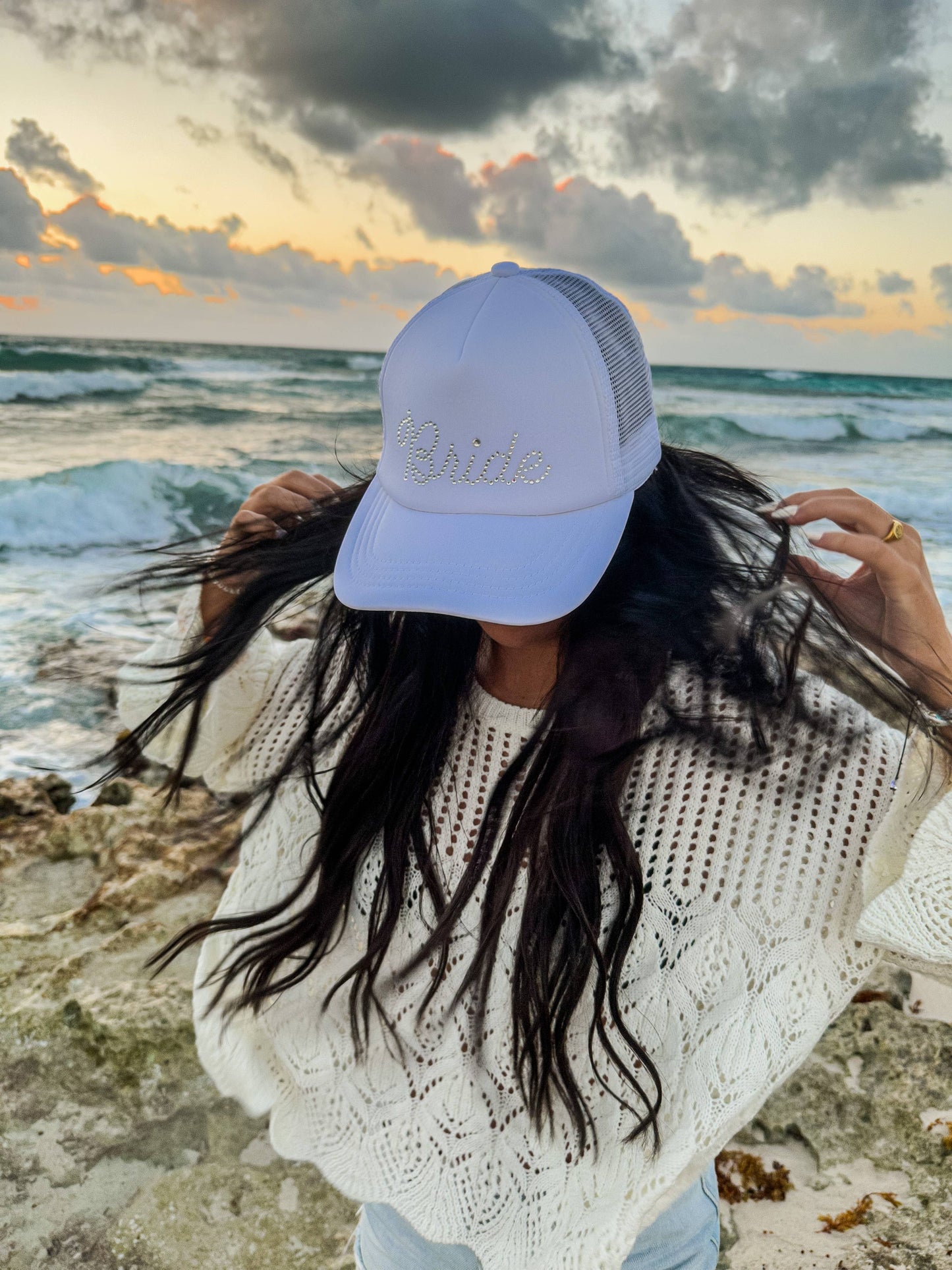 Bride Rhinestone Trucker Hat – Black Mesh Snapback Cap