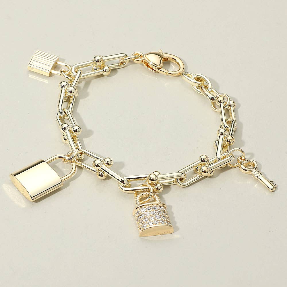 14K Gold Plated Pavé Lock & Key Charm Bracelet