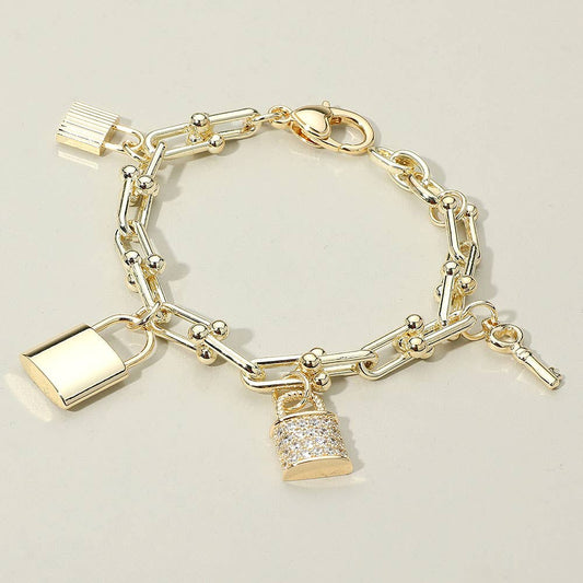 14K Gold Plated Pavé Lock & Key Charm Bracelet