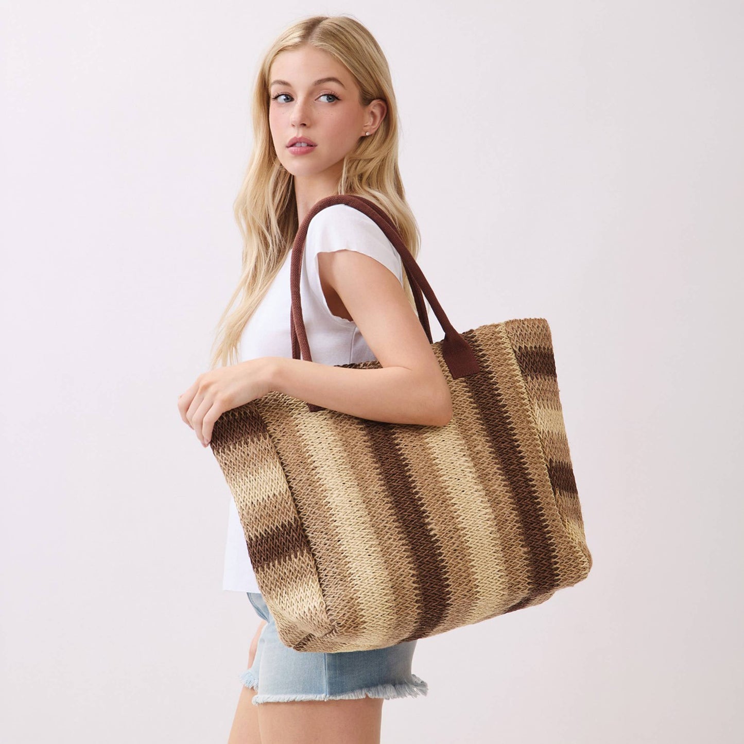 Multi Color Stripe Pattern Natural Brown Straw Tote Bag