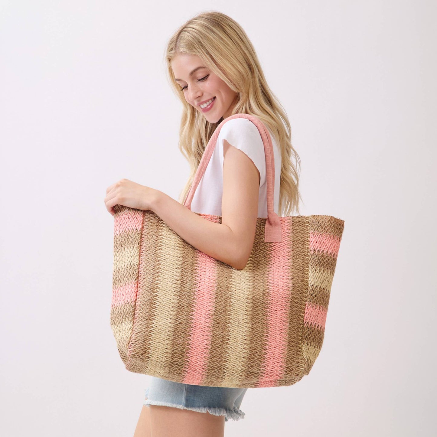 Multi Color Stripe Pattern Natural Brown Straw Tote Bag
