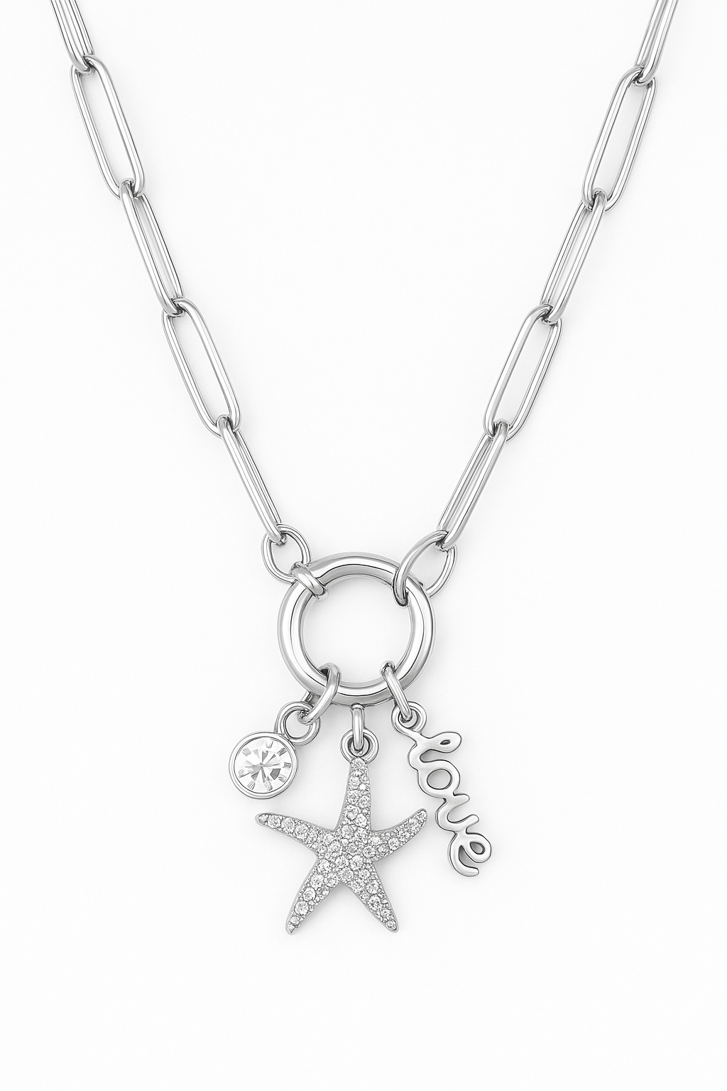 Silver Carabiner Charm Necklace – Starfish, Love & Crystal Trio
