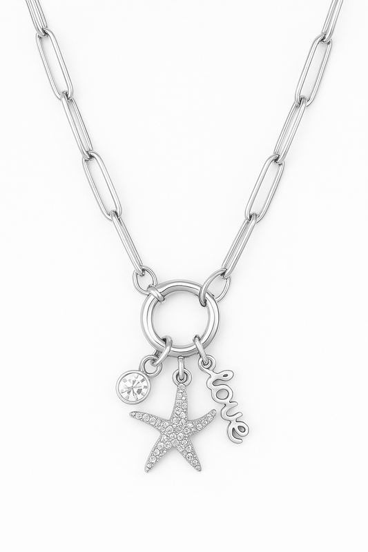 Silver Carabiner Charm Necklace – Starfish, Love & Crystal Trio