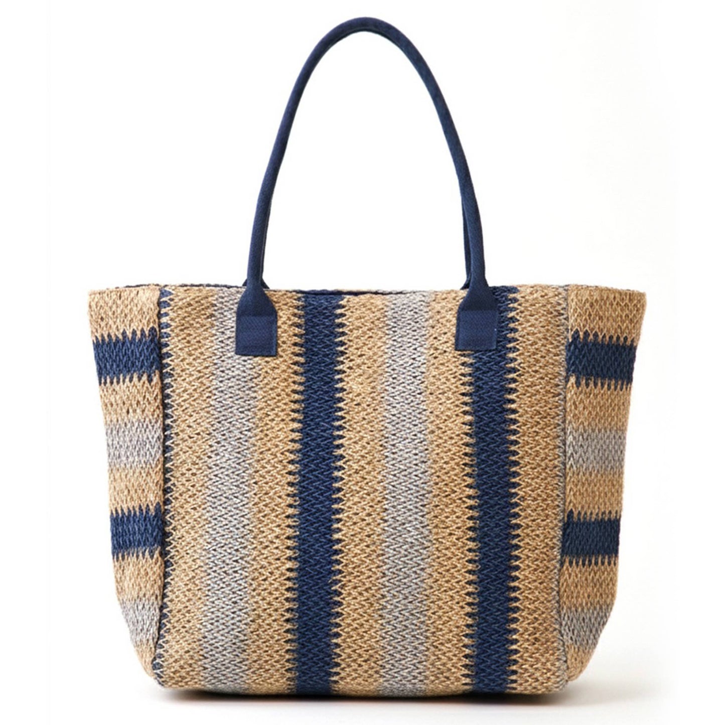 Multi Color Stripe Pattern Natural Brown Straw Tote Bag