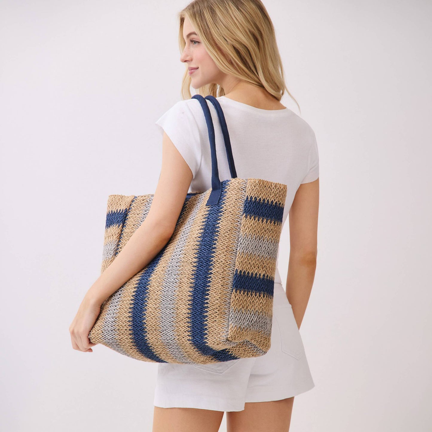 Multi Color Stripe Pattern Natural Brown Straw Tote Bag