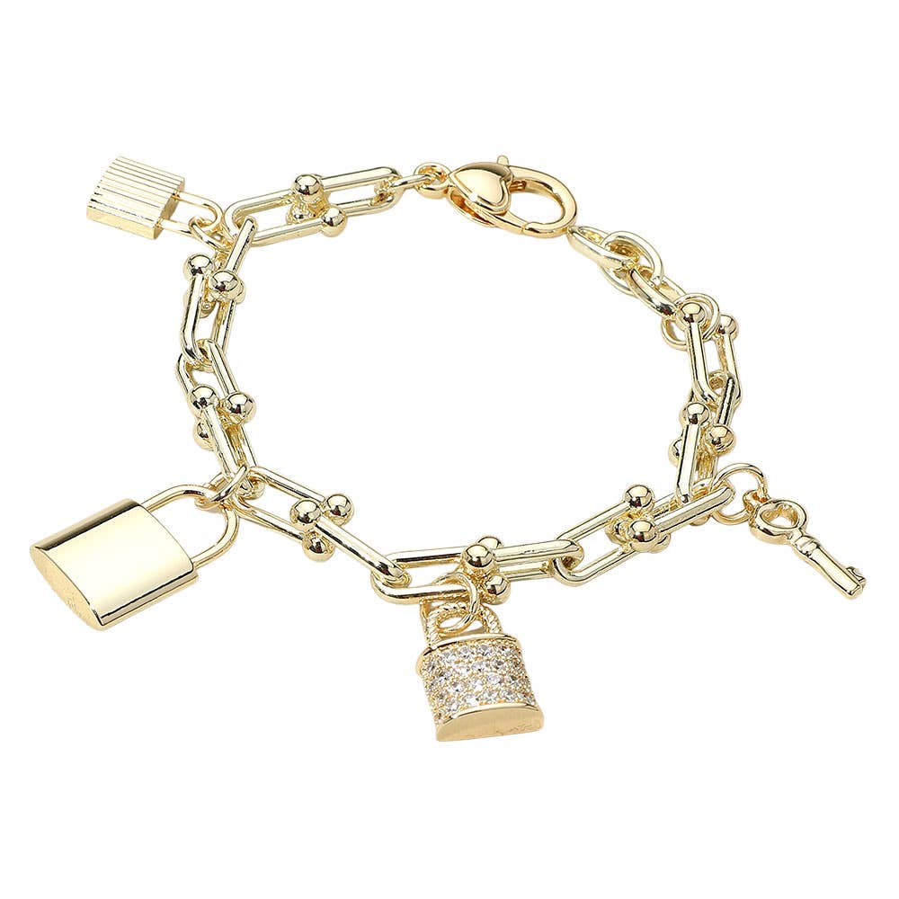 14K Gold Plated Pavé Lock & Key Charm Bracelet