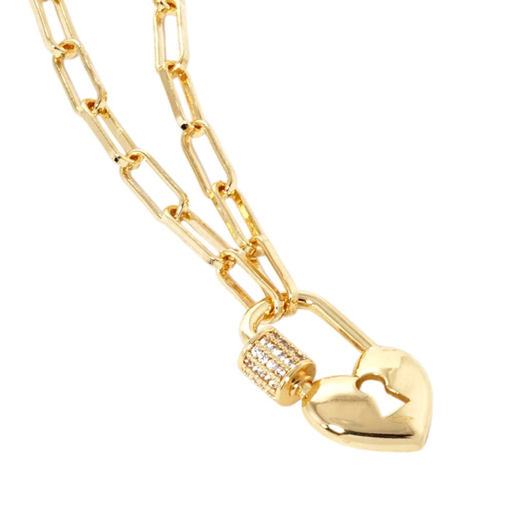 Heart Lock Paperclip Chain Necklace | CZ Paved