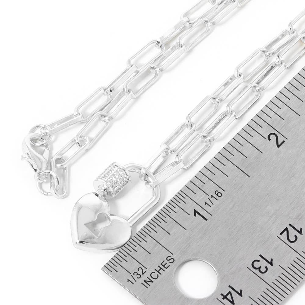 Heart Lock Paperclip Chain Necklace | CZ Paved