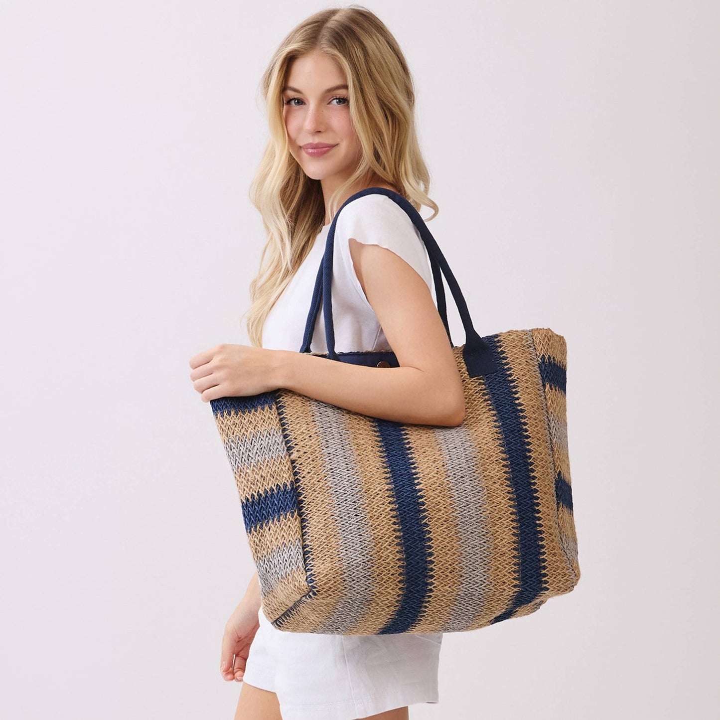 Multi Color Stripe Pattern Natural Brown Straw Tote Bag