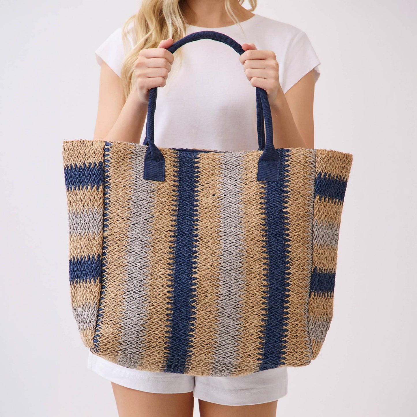 Multi Color Stripe Pattern Natural Brown Straw Tote Bag