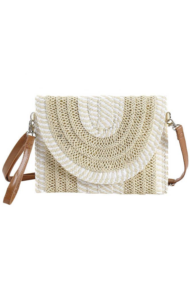 Two Tone and Stripe Pattern Straw Crossbody Bag