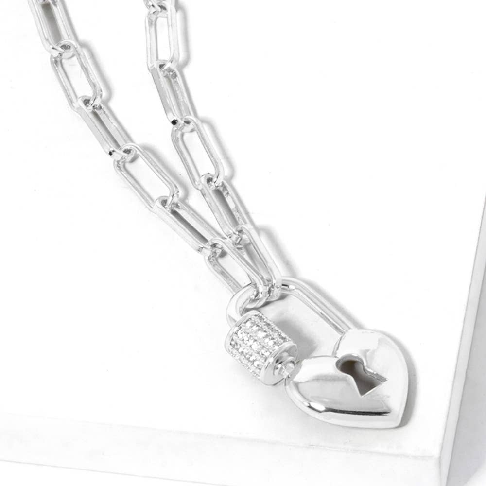 Heart Lock Paperclip Chain Necklace | CZ Paved