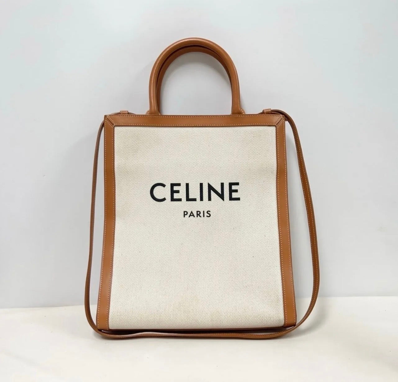 Celine Vertical Cabas Canvas & Calfskin Tote in Natural & Tan