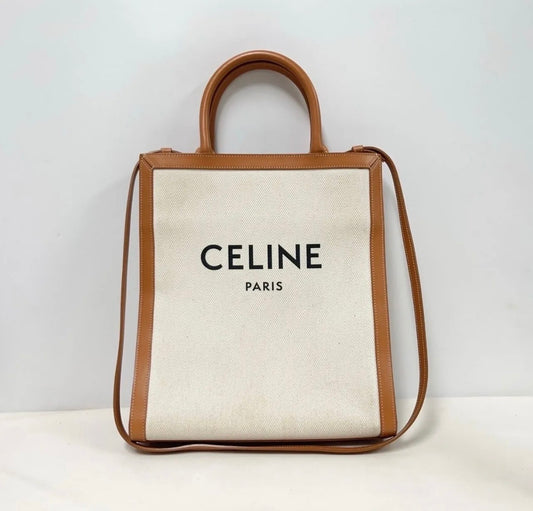 Celine Vertical Cabas Canvas & Calfskin Tote in Natural & Tan