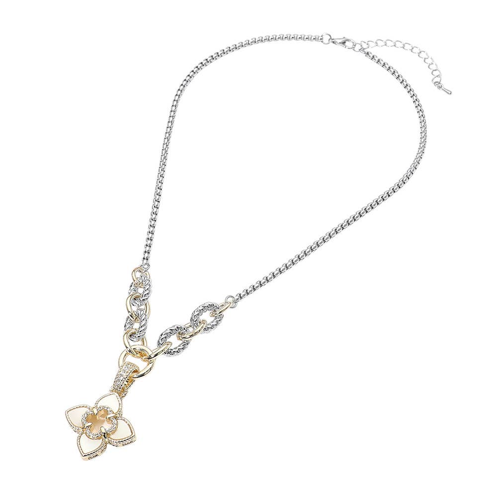 Mixed Metals Mother of Pearl Quatrefoil Pendant Necklace
