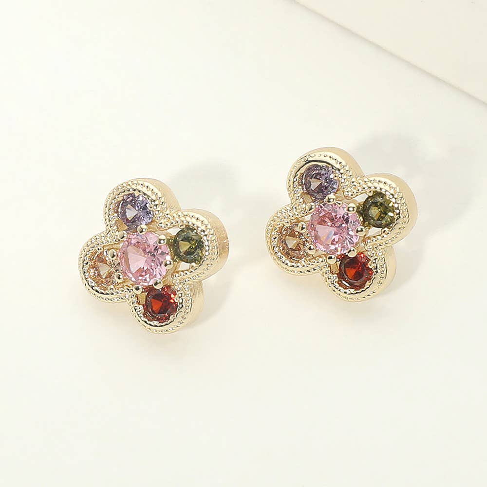 Colorful CZ Quatrefoil Stud Earrings