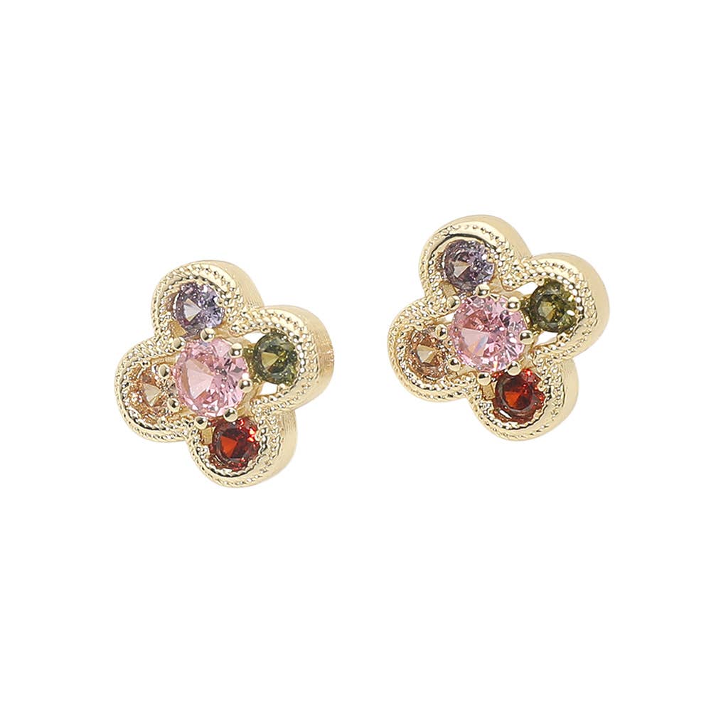 Colorful CZ Quatrefoil Stud Earrings