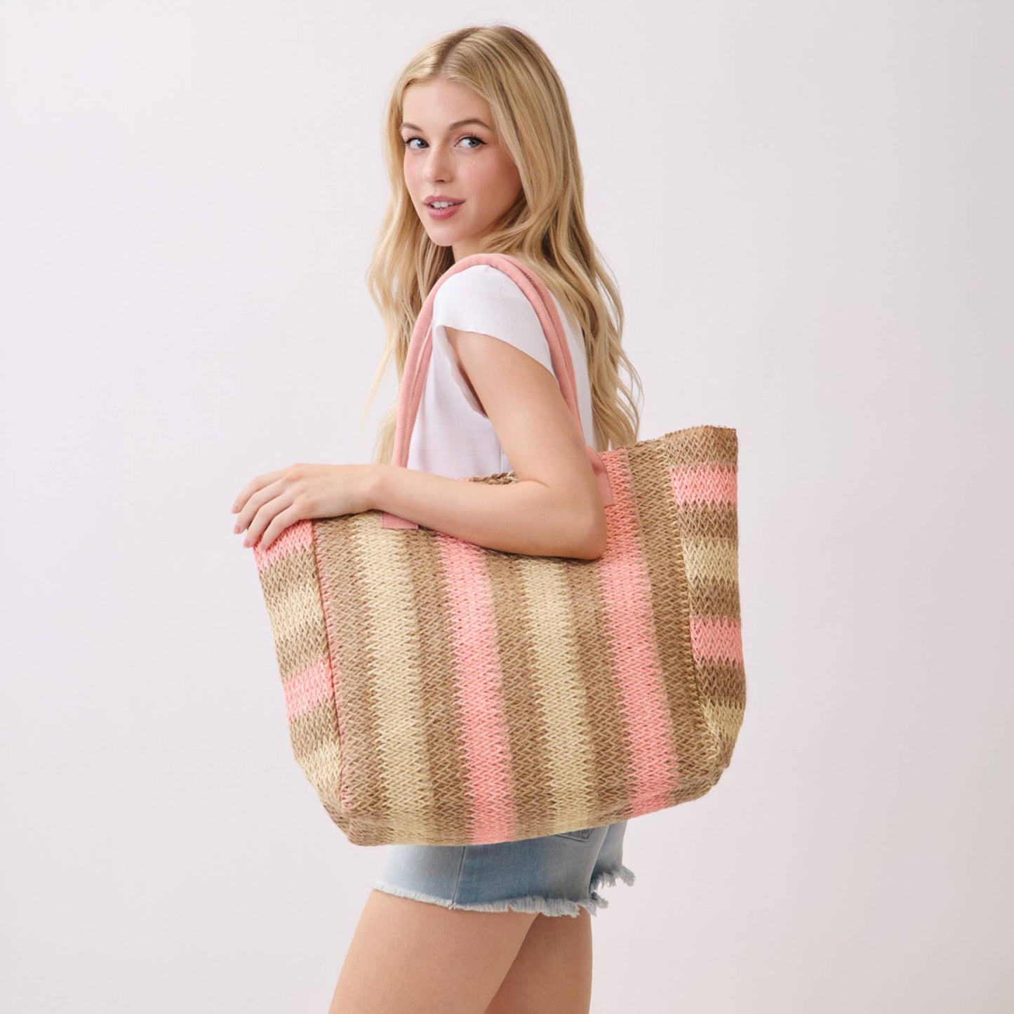 Multi Color Stripe Pattern Natural Brown Straw Tote Bag