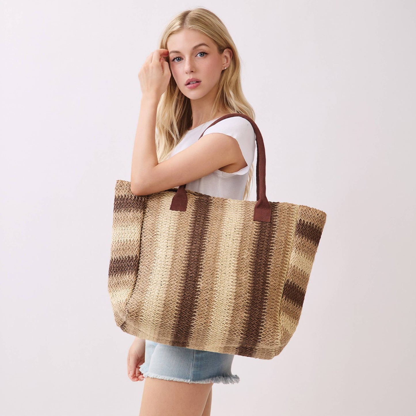 Multi Color Stripe Pattern Natural Brown Straw Tote Bag