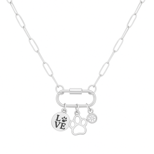 Silver Carabiner Charm Necklace – Pet Love & Paw Print Trio