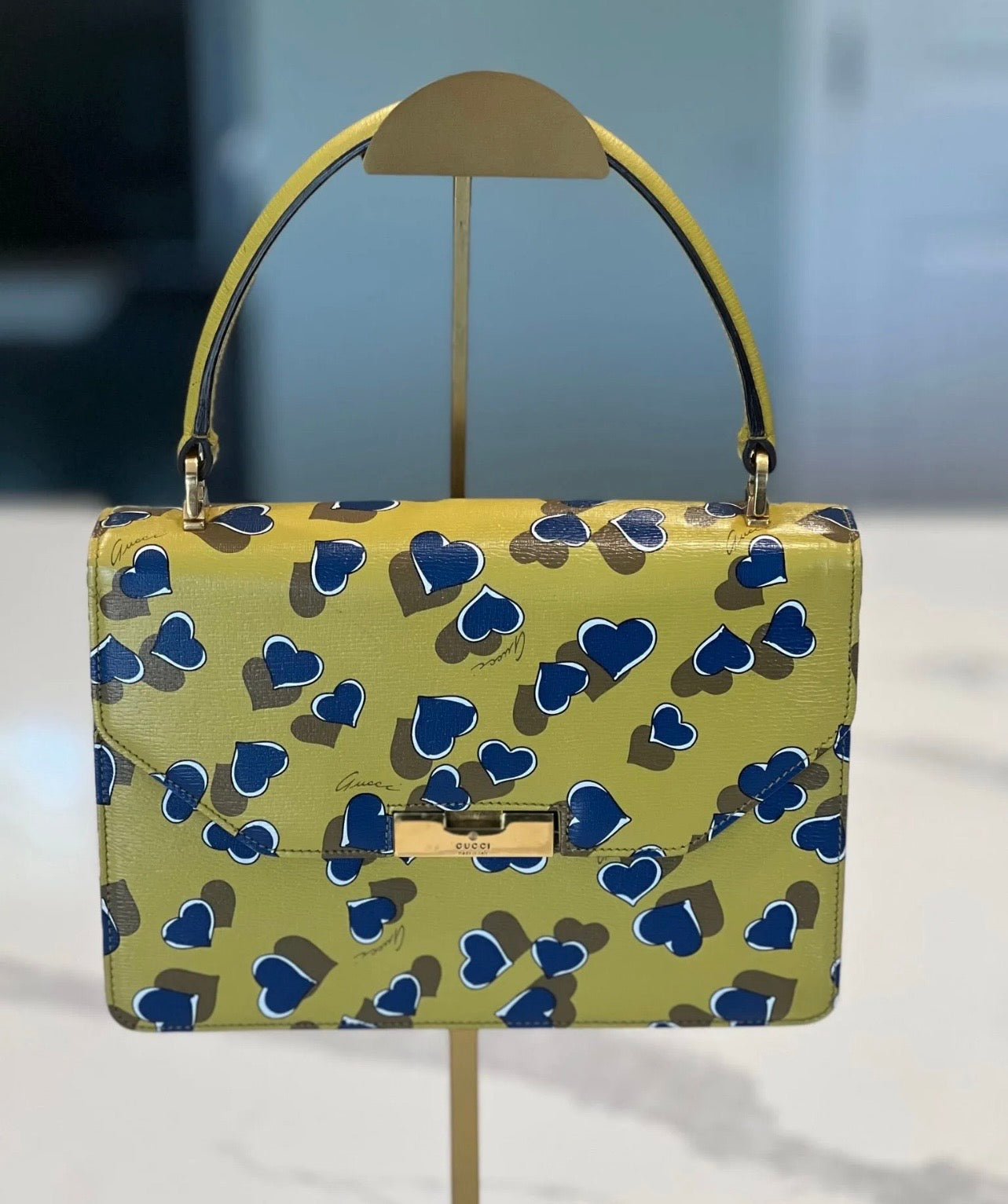 Gucci Limited Edition Heart Print Structured Top Handle Bag