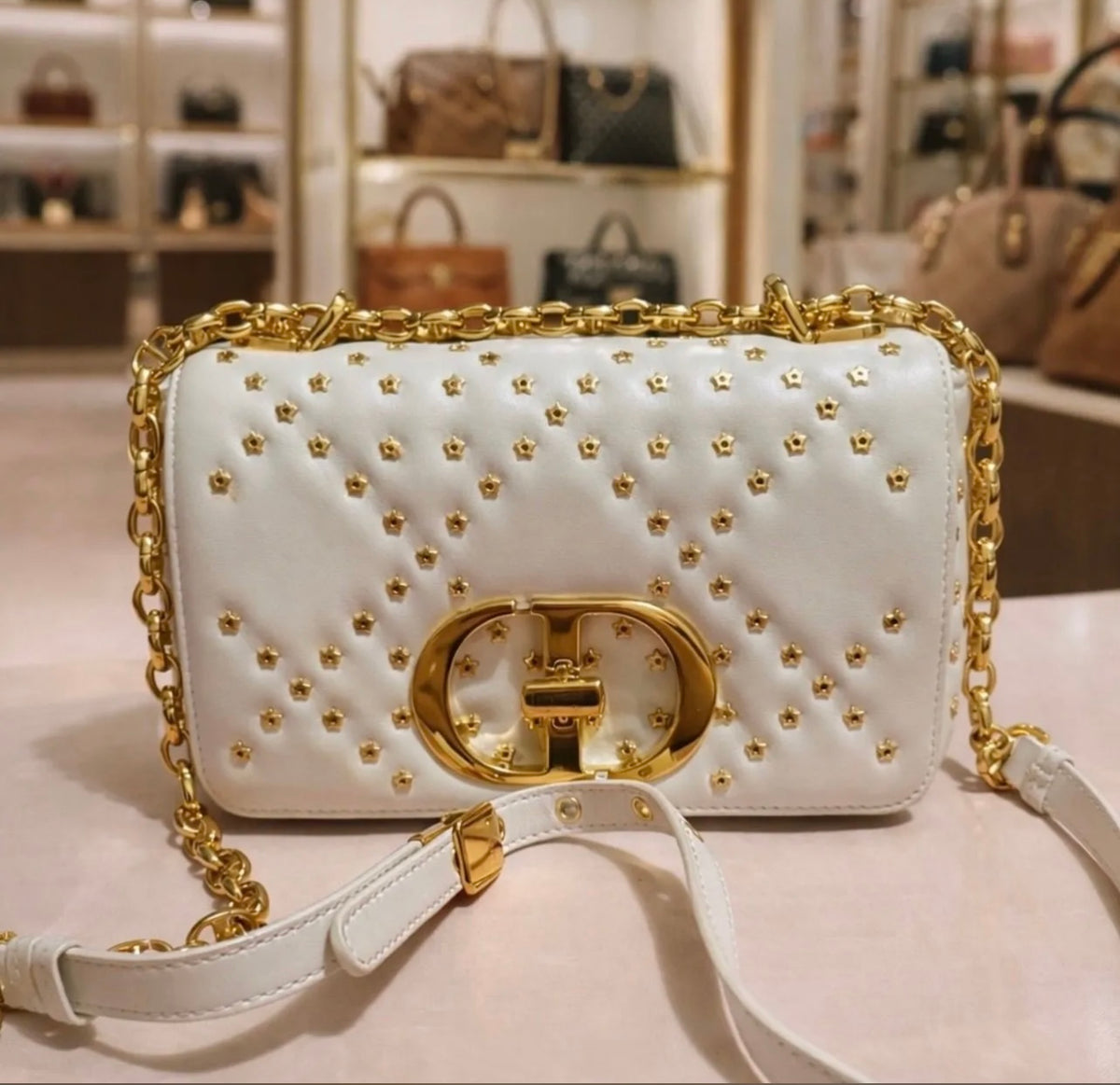 Dior Caro Small Star Stud Calfskin Chain Bag | White