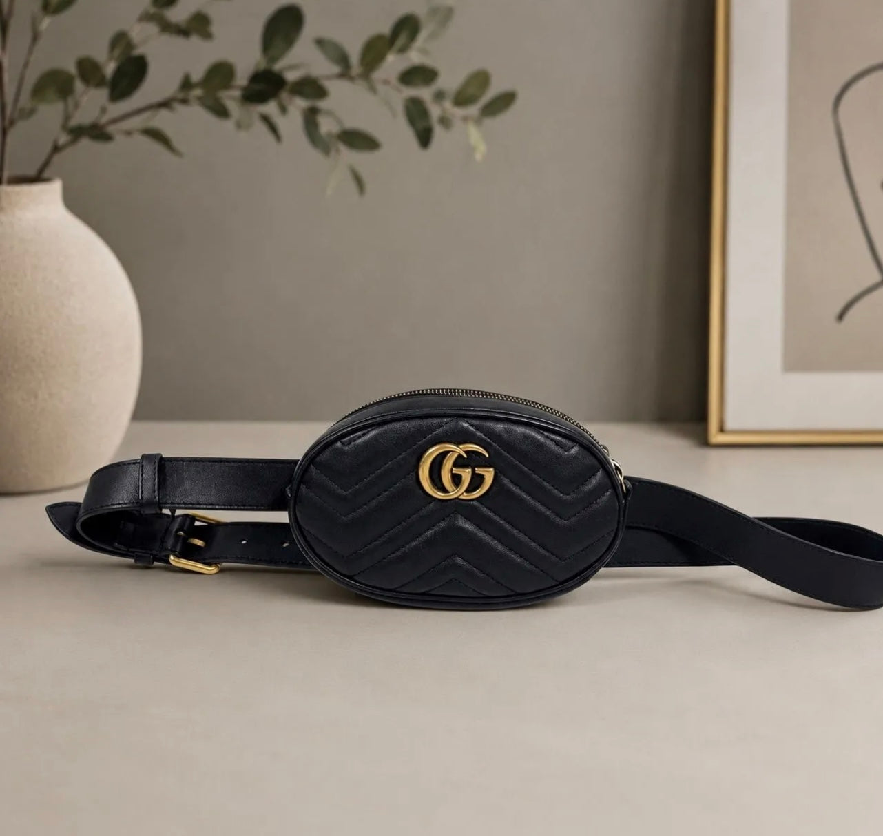 Gucci GG Marmont Matelassé Black Leather Belt Bag