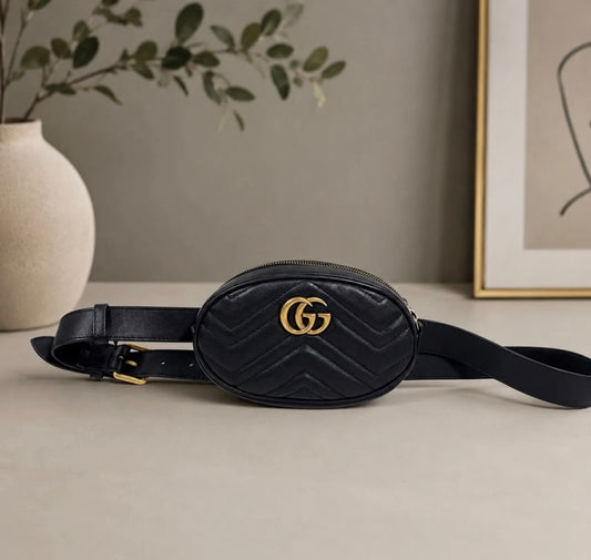 Gucci GG Marmont Matelassé Black Leather Belt Bag
