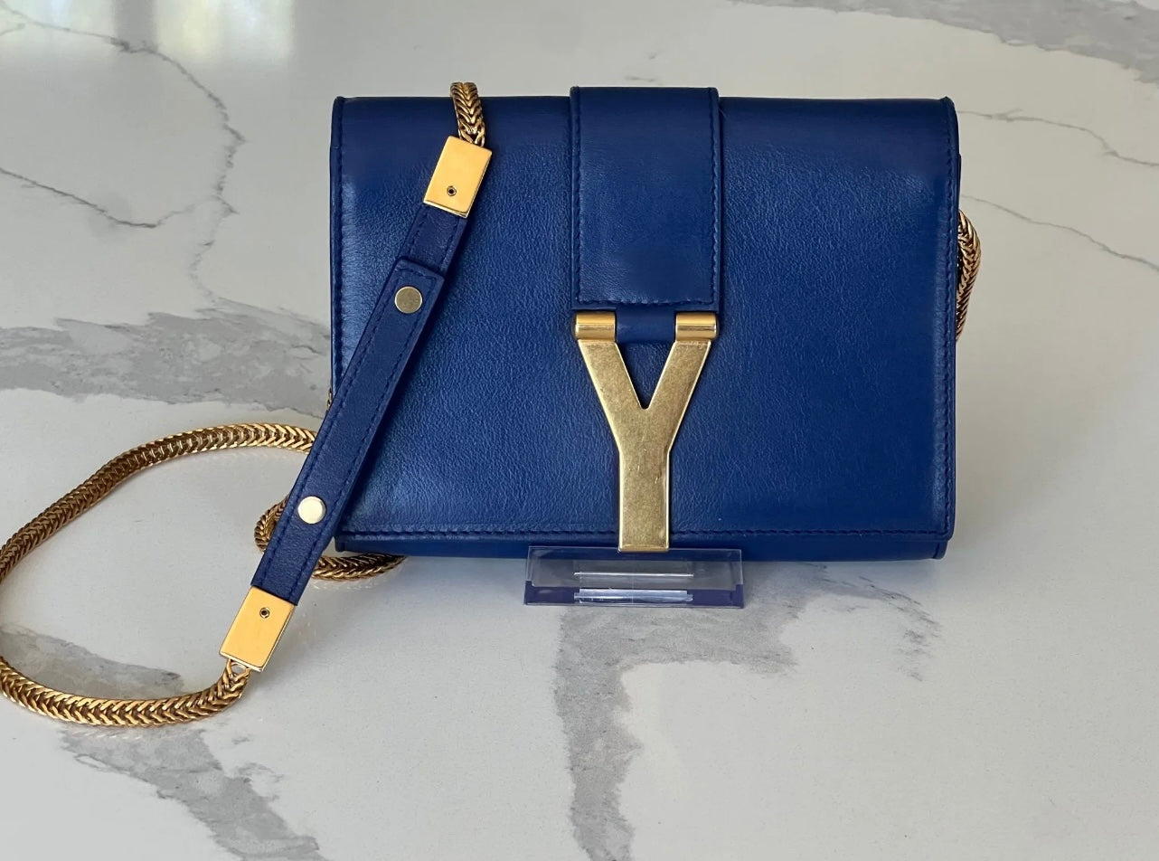 Saint Laurent Y Ligne Chain Crossbody Clutch Royal Blue Leather