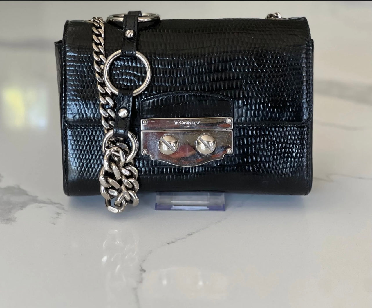 Saint Laurent Black Croc-Embossed Leather Chain Shoulder Bag