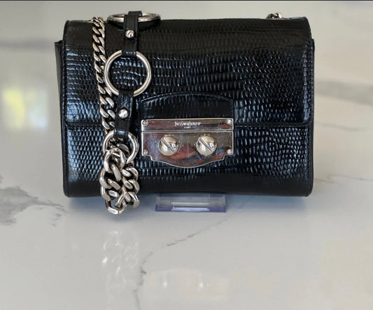 Saint Laurent Black Croc-Embossed Leather Chain Shoulder Bag