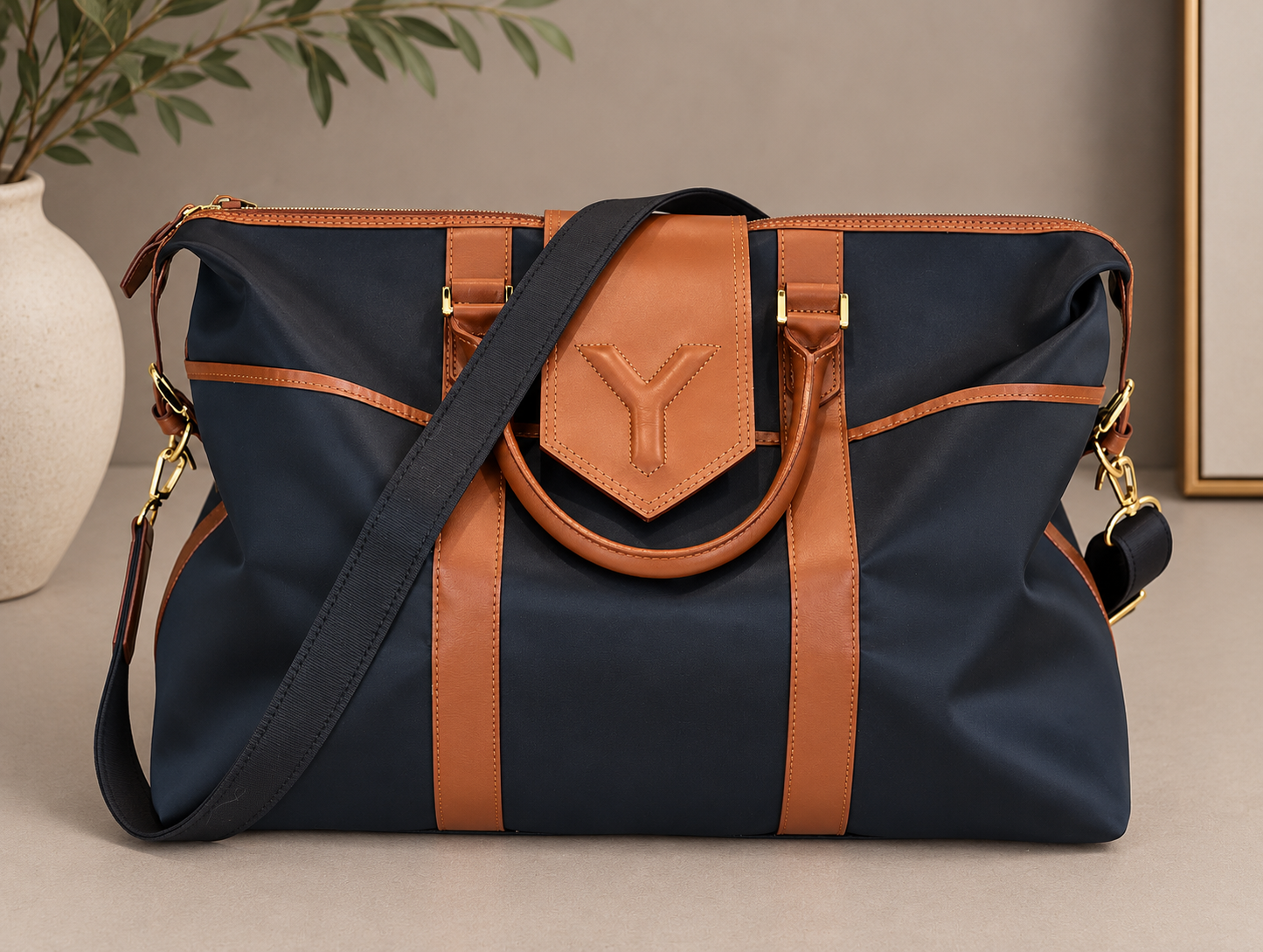 Vintage YSL Nylon & Leather Weekender Travel Bag | Navy & Brown