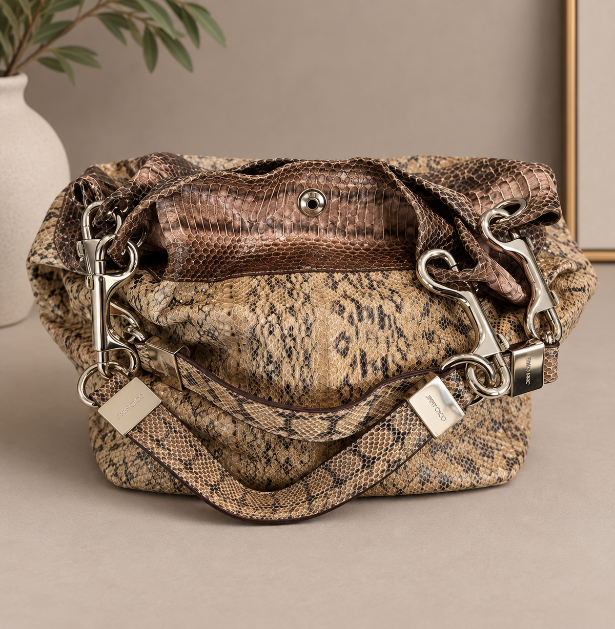 Jimmy Choo Ramona Exotic Python Leather Hobo Bag | Brown & Tan