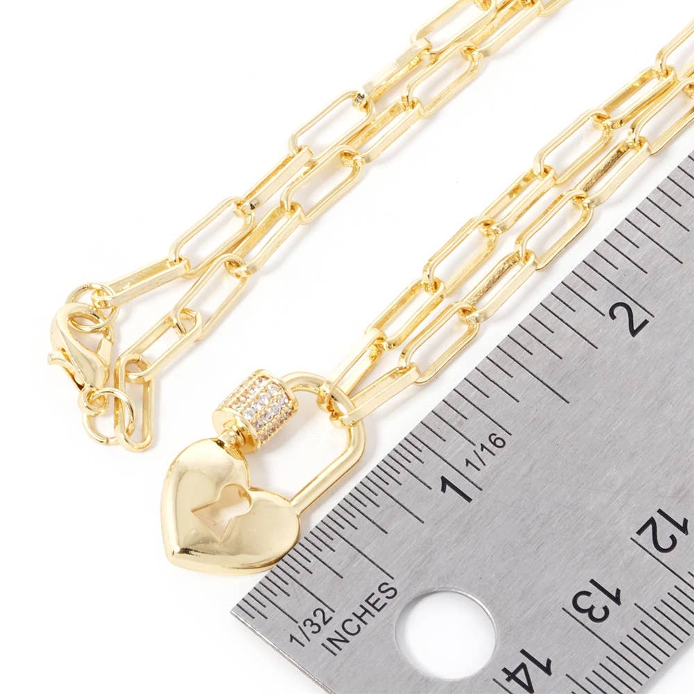 Heart Lock Paperclip Chain Necklace | CZ Paved