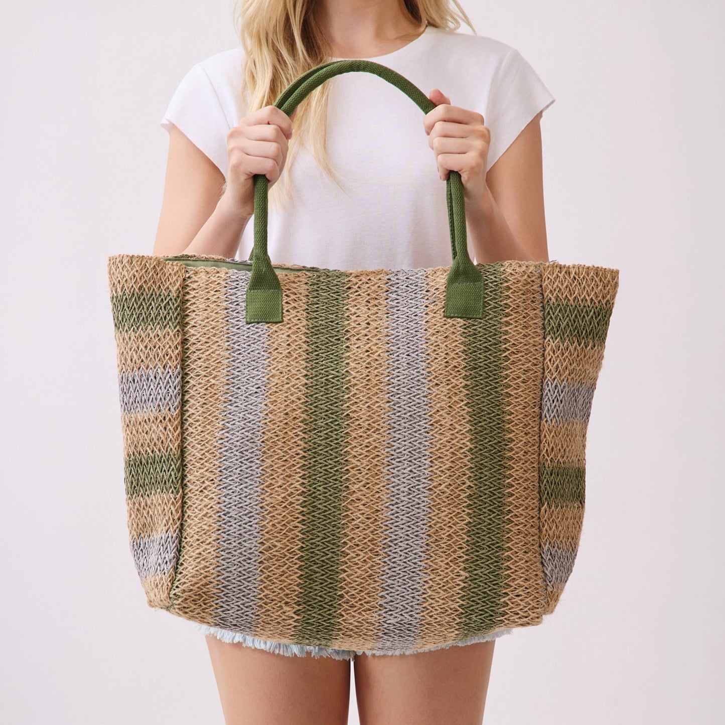 Multi Color Stripe Pattern Natural Brown Straw Tote Bag