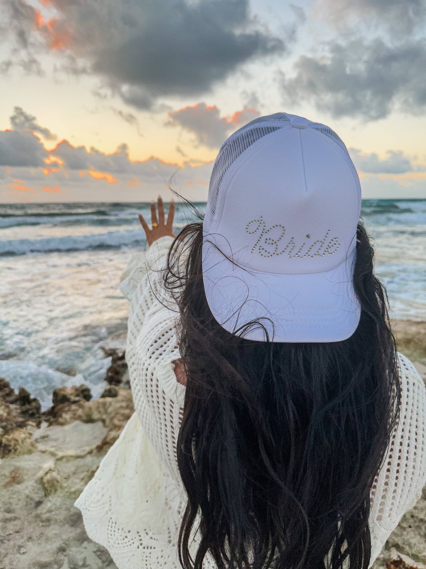 Bride Rhinestone Trucker Hat – Black Mesh Snapback Cap