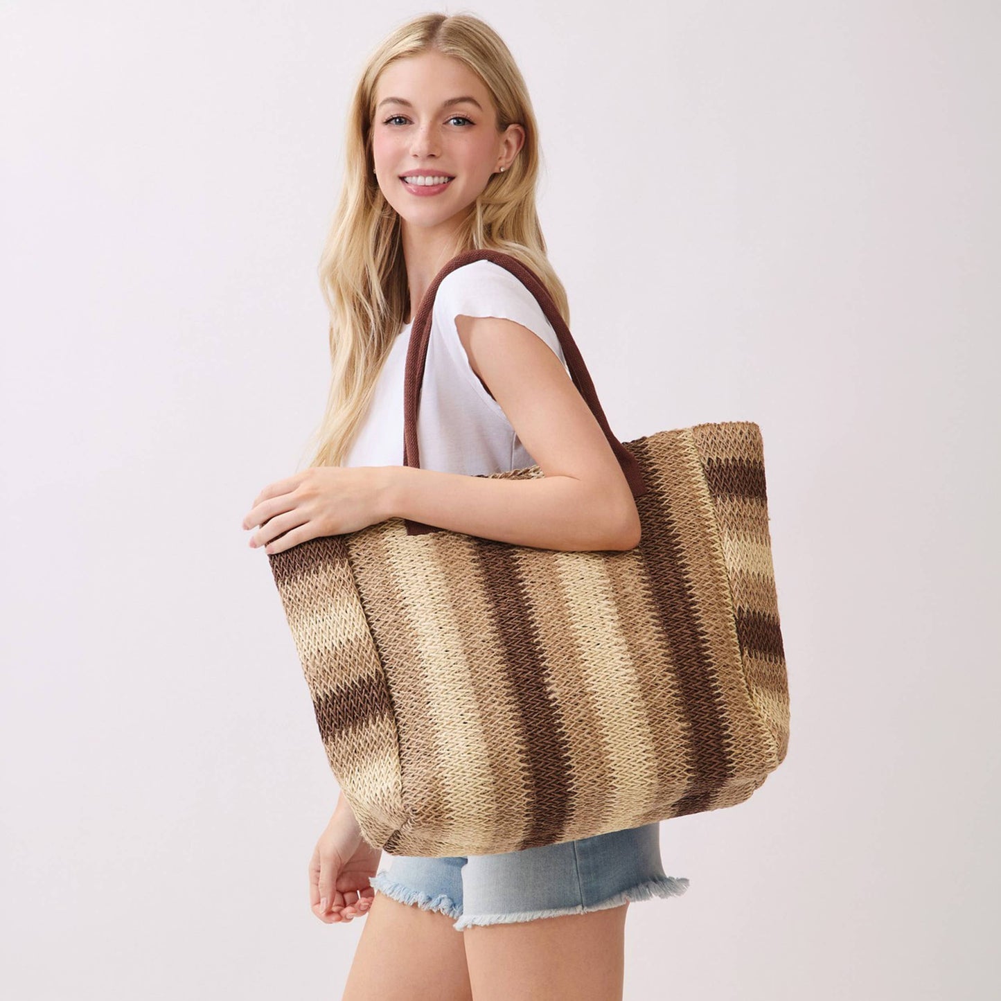 Multi Color Stripe Pattern Natural Brown Straw Tote Bag